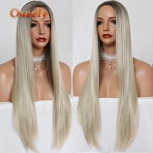 Oxeely длинные прямые парики синтетические Натуральные Прямые Волосы платиновый блонд цвет Жаростойкие полные парики для модных черных женщин