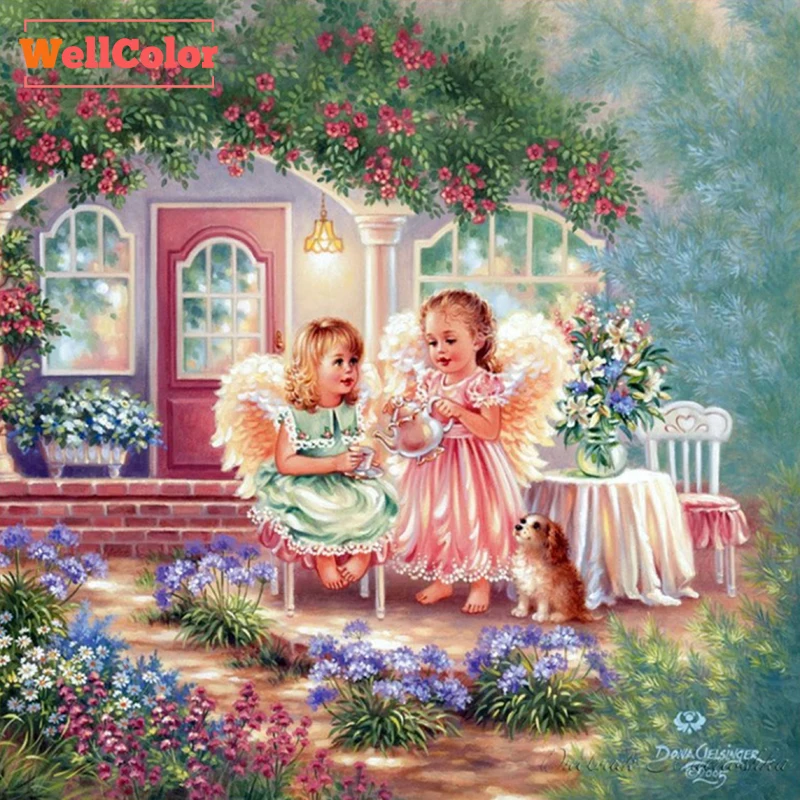 angels and dog in garden