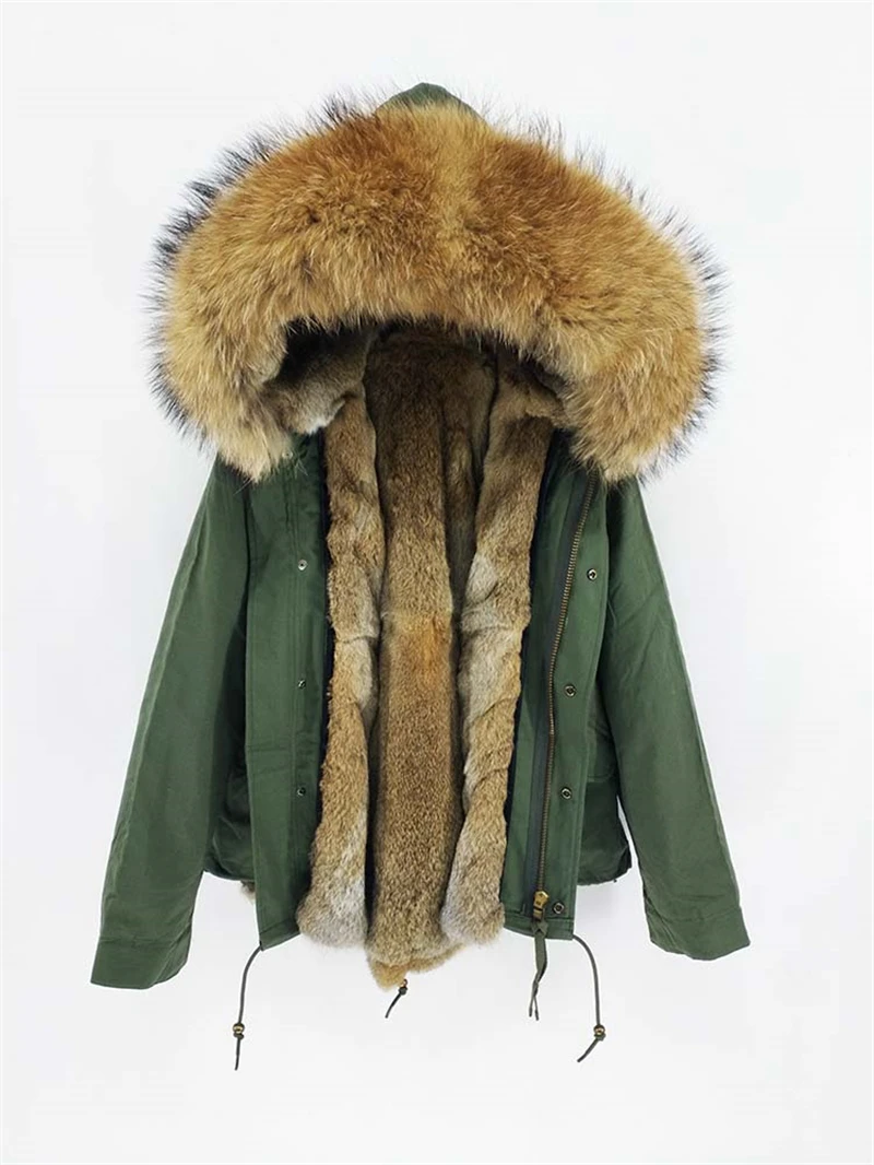 Зимняя женская куртка Горячая Распродажа Пальто с натуральным мехом пальто с подкладкой из кроличьего меха парка с воротником из натурального меха енота теплые парки