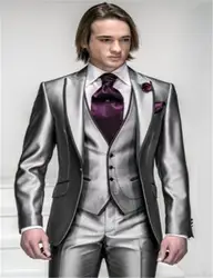 Новое Прибытие Slim Fit Silver Атласная Жених Смокинги Best Man пик Нагрудные Groomsmen костюм Свадьба Мужские жених платье trajes де novio