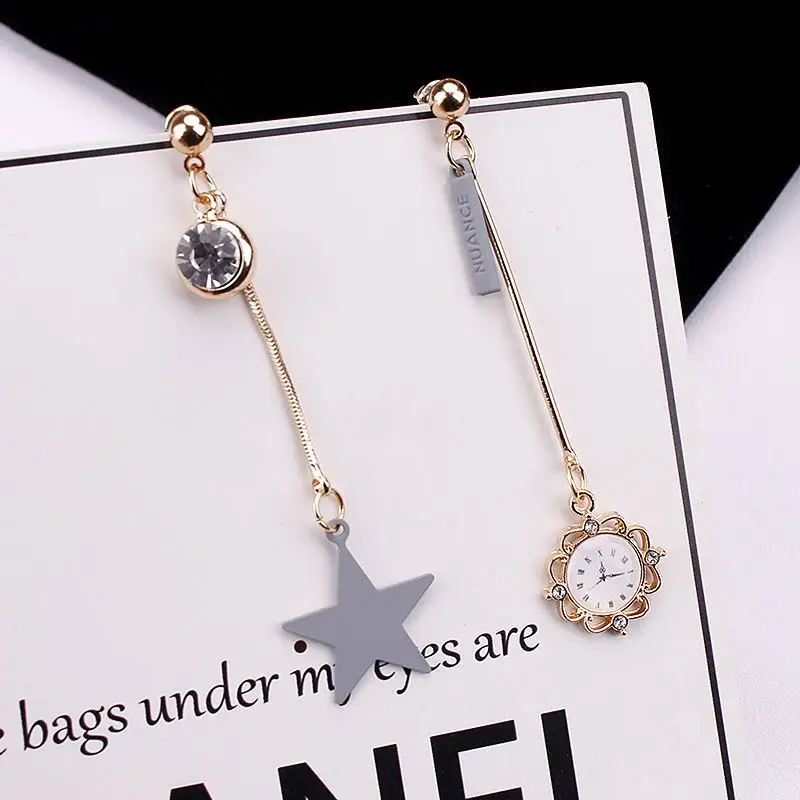 

2019 Korean New Cute Pink Asymmetry Star Clock Earrings Fashion Crystal Tassel Long Dangle Earrings for Women Jewelry Gift