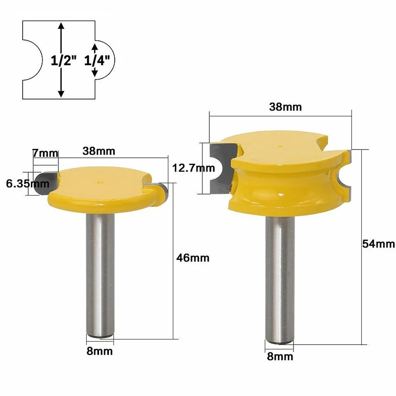 2pcs 8mm Round Shank Tongue Groove Joint Assembly Flute Router Bit Set Woodworking Milling Cutter