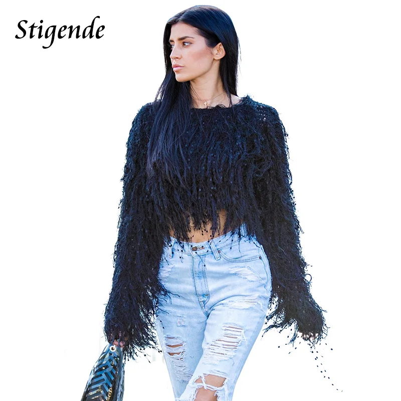Ceny Stigende frędzle sweter w stylu crop sweter jesień kobieta Fringe sweter dzianinowe swetry elegancki seksowny szydełkowy sweter Top Clubwear