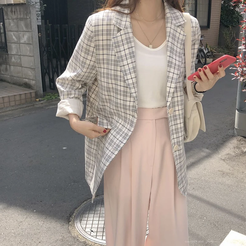 

Casual Single-breasted Women Plaid Blazer Jacket Elegant Female Grid Suit Coat Loose Office Ladies Workwear Outerwear 2019