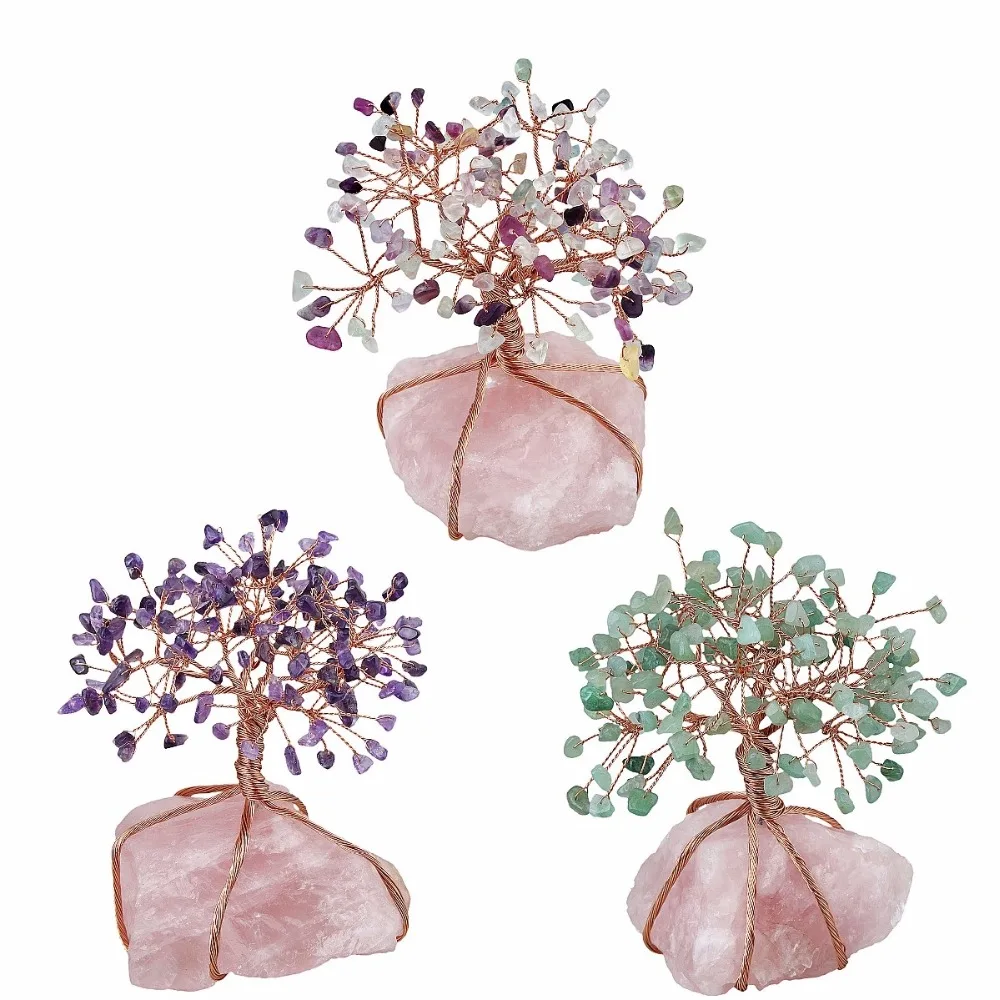 SUNYIK Natural Rose Quartz Cluster Base Crystal Money Tree Bonsai Figurine for Wealth Luck Jewelry Packaging