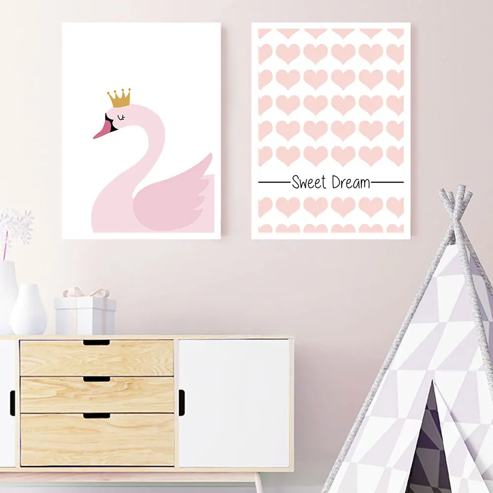 

Watercolor Pink Canvas Painting Cartoon Animals Poster Swan Wall Art Picture Sweet Dreams Poster Baby Girl Room Decor Unframed