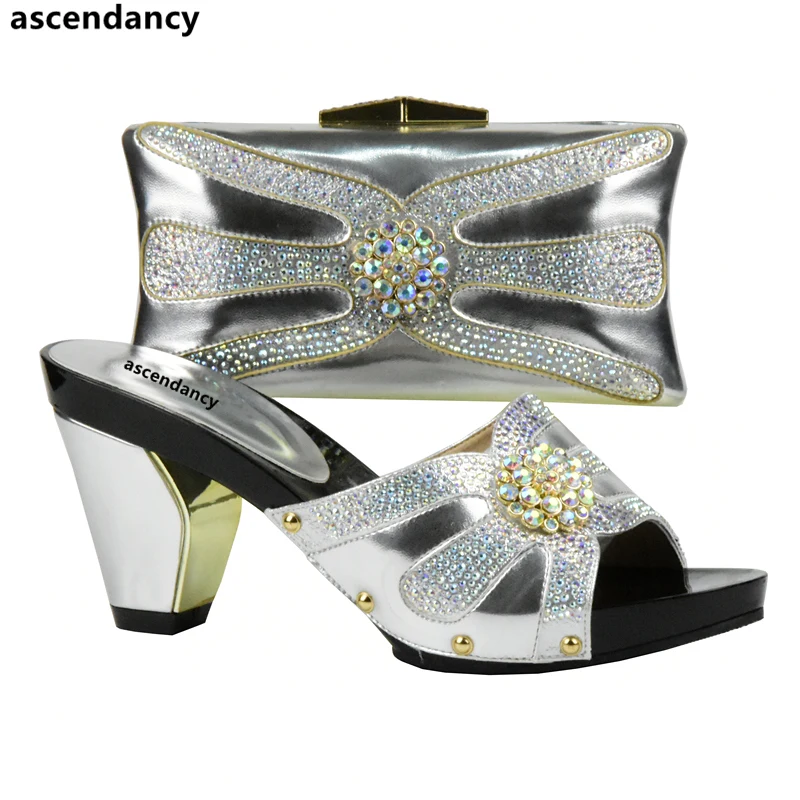 

Sliver Color Italian Ladies with Matching Bags High Quality African Shoe and Bag Set for Party In Women Nigerian Shoes and Bag