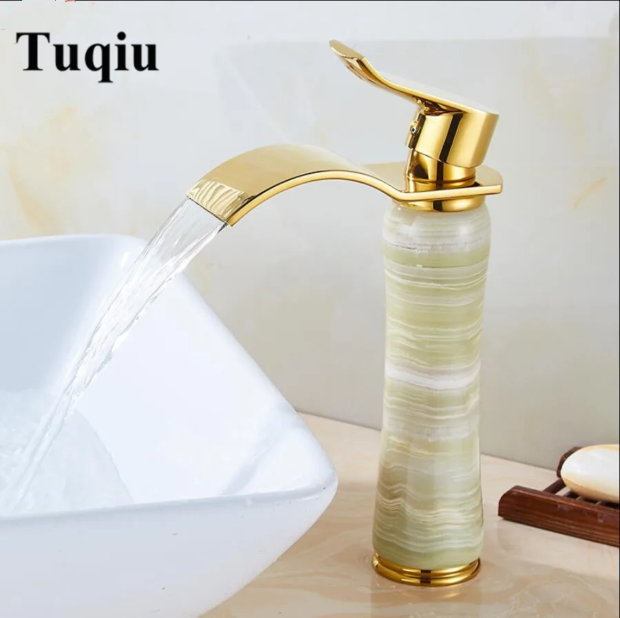 

Gold Bathroom Faucet hot and cold Crane Brass and Jade Tall Basin Faucet Waterfall Faucet Sink Faucet Single Handle water tap