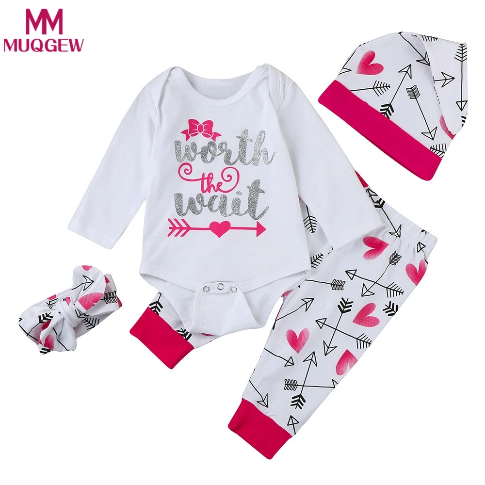 

4Pcs Newborn Baby Girls Clothing Set Worth the Wait Leter Print Tops Romper Heart Pants Caps Hairband Set Kids Clothes Outfits