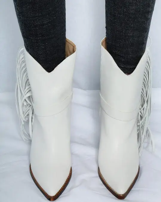 Mouton Mode Slip Sexy Talons Pointu Hiver Bottes automne Fringe Peau Dames mollet Chaussures Aiguilles Chaude De on En Femmes Bout Blanc White Mi w7qrw8x
