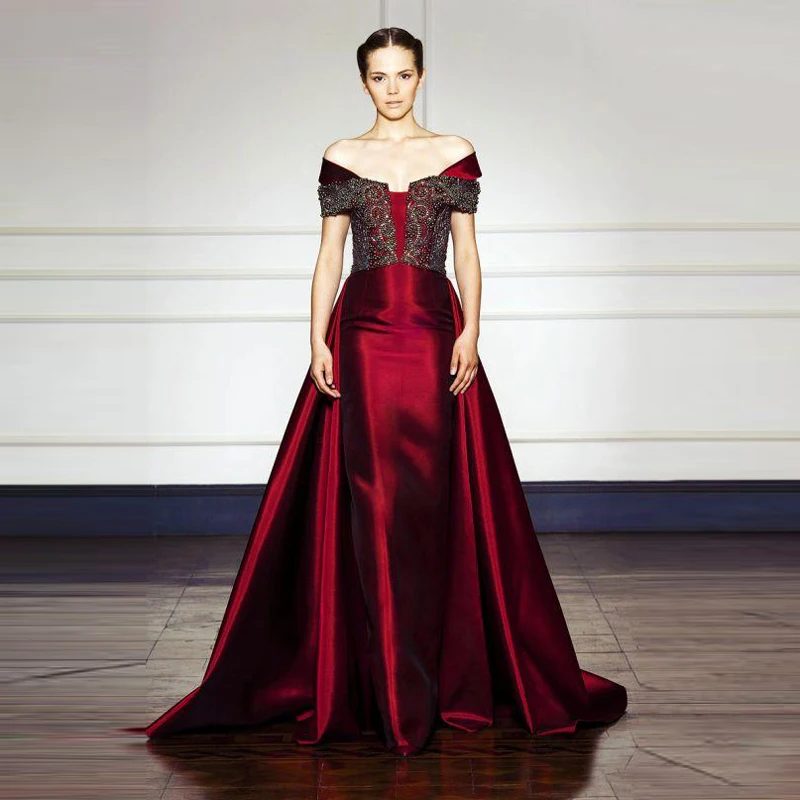 

Gorgeous Burgundy Long Evening Dresses With Crystal Off Shoulder A Line Satin Prom Gowns Custom Made Celebrity Pageant Dress