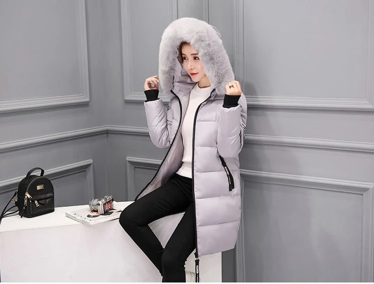 Женская зимняя верхняя одежда, корейский большой меховой воротник, пуховая хлопковая парка, женская тонкая модная верхняя одежда средней длины, теплая Толстая стеганая куртка, пальто
