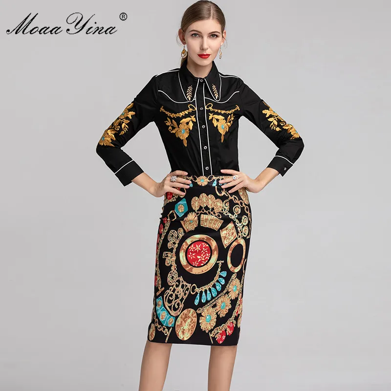 MoaaYina модельер Set Для женщин с длинным рукавом цветочной вышивкой черные элегантные рубашки Топы+ Винтаж юбка Костюм из нескольких предметов