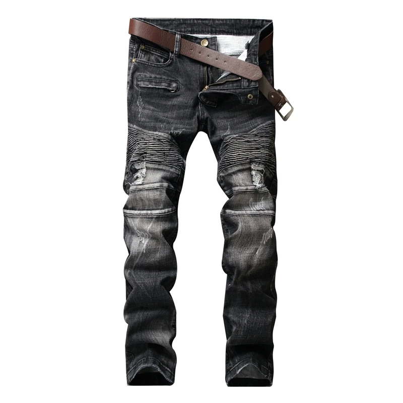 New Style Fold Small Feet Holes Mens Jeans Brand Luxury Black Jeans Men