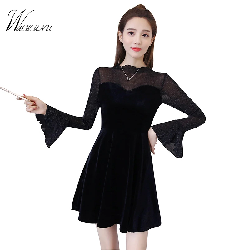 

WMWMNU 2018 spring Korean version of the new style a character long sleeved knit knitted waist dress