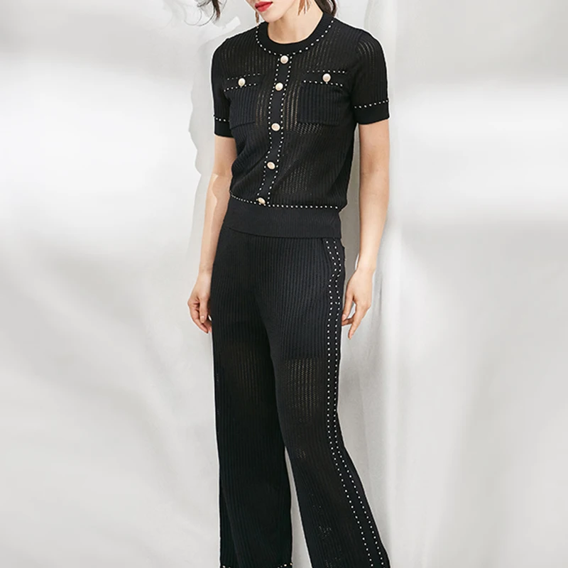 Pantaloni Marca Estate Pezzi Delle Seta Donne E Alta Wide Dei 2019 Maglia il gamba Due Set 2 Lavorato Modo A Fuori Superiore Bianco Ha Qualità Top Di Nero Scava Ghiaccio Del dI4YRw