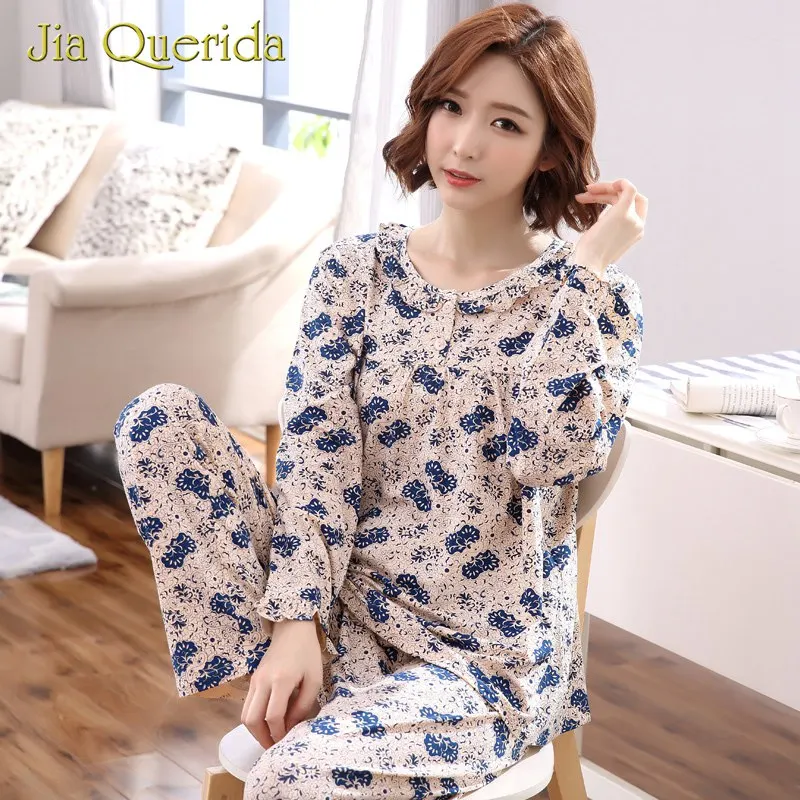 

Female Pijama Plus Size Pajamas 100% Cotton Homewear Suit O Collar Floral Printing Breathable Winter Autumn Long Sleeves Pj Set