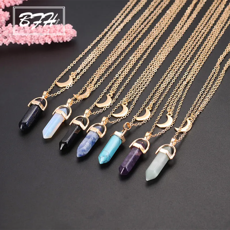 

BFH Hexagonal Column Gold Link Chains Necklace For Women Men Fashion Natural Crystal Stone Pendant Necklaces 2018 Jewelry Gift