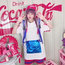 Корейской версии ulzzang лазерной большой карман ленты Лето ремень, дискотека мешковатые футболка с короткими рукавами