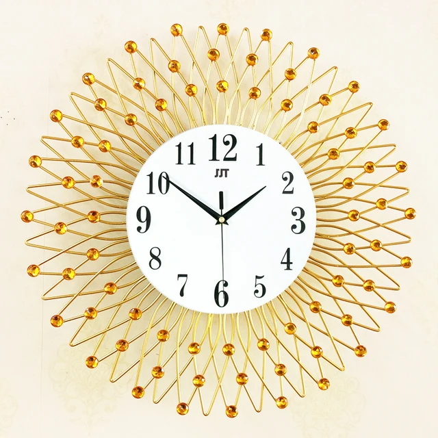 JJT 3D Iron Retro Decorative Wall Clock Art Craft Gold Crystal Wall