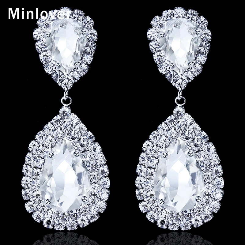 Minlover 5 Colors Crystal Teardrop Long Wedding Earrings for Women Large Dangle Bridal Earrings Fashion Accessories EH003