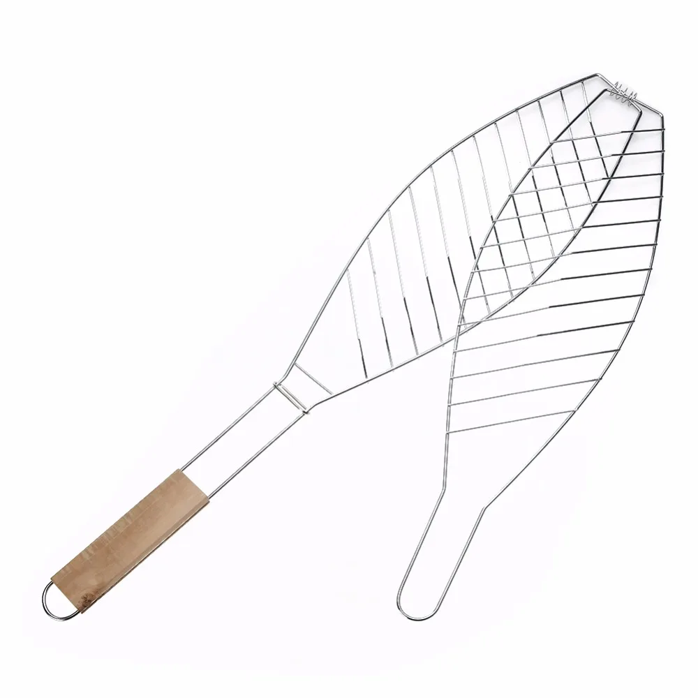 

Barbecue Meshes Camping Grill Rack BBQ Clip Folder Grill Single Meat Fish Vegetable BBQ Tool Wooden Handle Hinged Basket