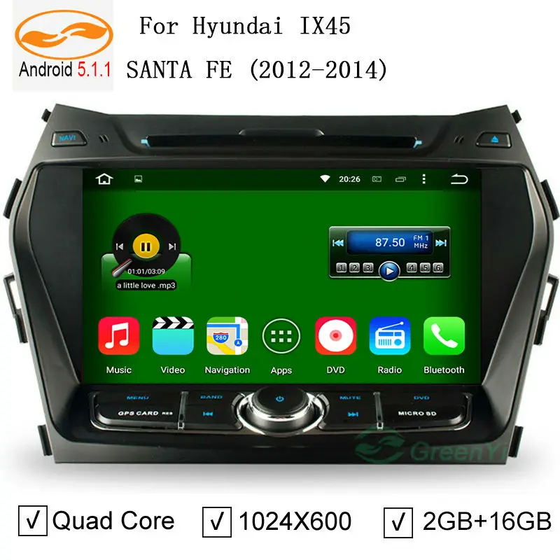  Quad Core Android 5.1.1 Car DVD GPS Player for HYUNDAI IX45 Santa Fe 2013 2014 Cortex A9 1.6GHz Audio Multimedia Stereo 