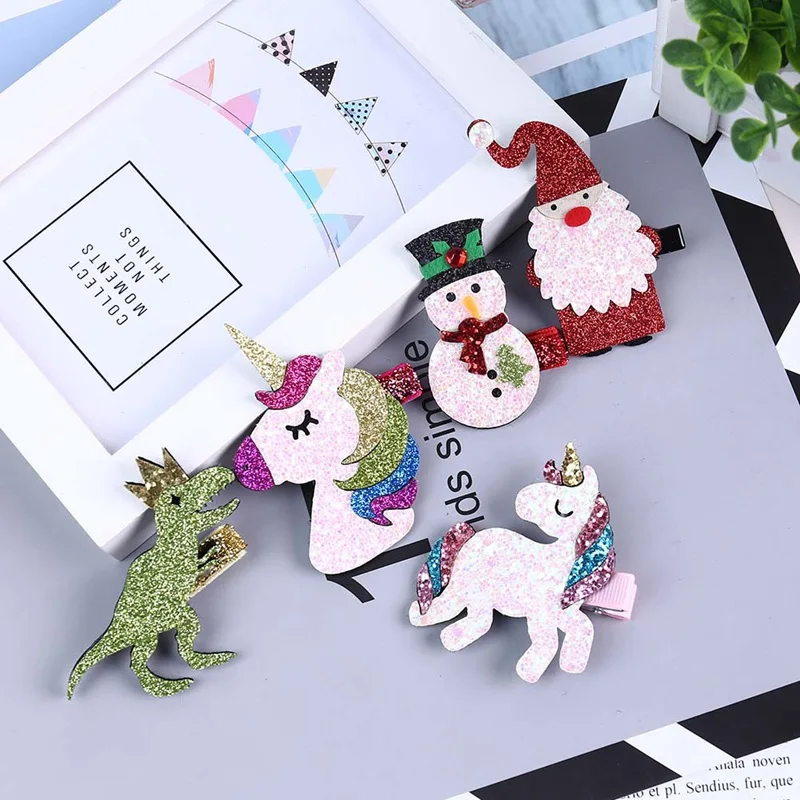 

Xmas Children's Hair Accessories Christmas Bright Pink Santa Snowman Unicorn Dinosaur Hairpin Cute Cartoon Hair Clip Headdress