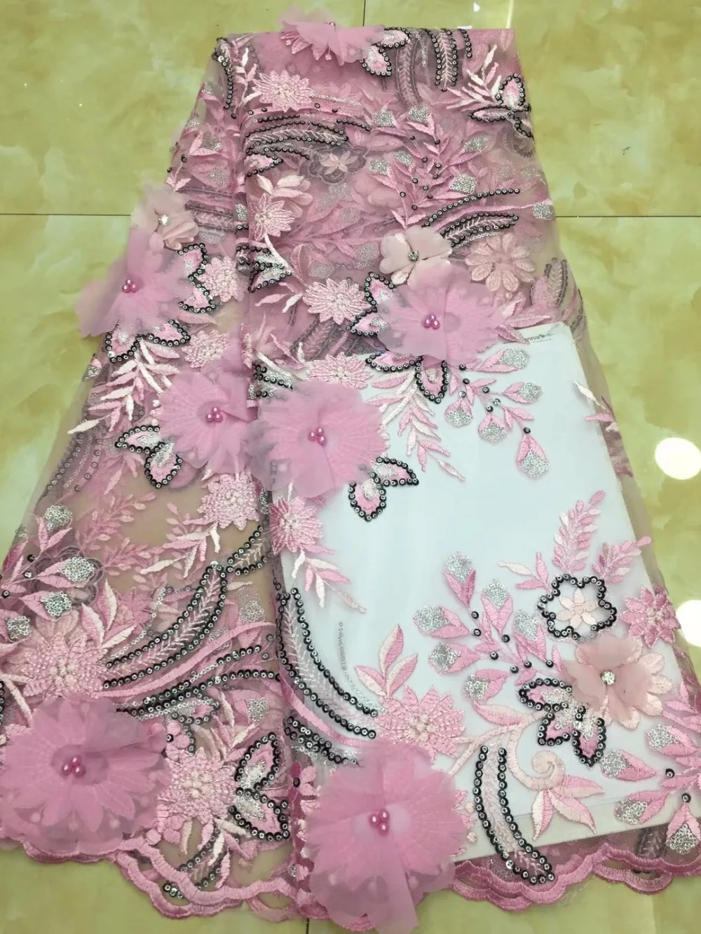 

2018 Good Quality New Design French Net Lace Fabric For Party Dress pink African 3d Flower Tulle Net Lace Fabric