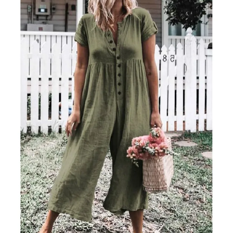 

Plus Size 5XL Summer O Collar Casual Jumpsuit Cotton Linen Women Buckle Short-sleeved Wide Leg Elegant Jumpsuit Women's Clothing