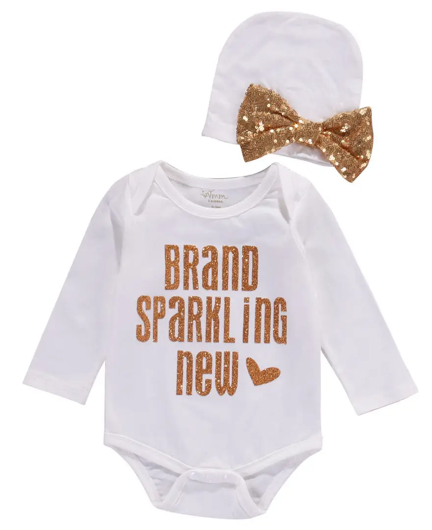 2Pcs Sequins Newborn Baby Girls Boys Bodysuit Clothes Cute Letter Jumpsuit Hat 2pcs Cotton Outfit Baby Girl Clothes Set