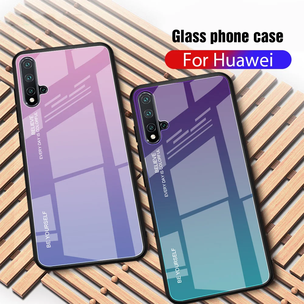 

Gradient Aurora Color Case Tempered Glass Cover for Huawei P20 P30 Lite Pro Nova 5 5i Pro 3 Mate 30 Lite Y7 2018 Honor 20 Pro 8S