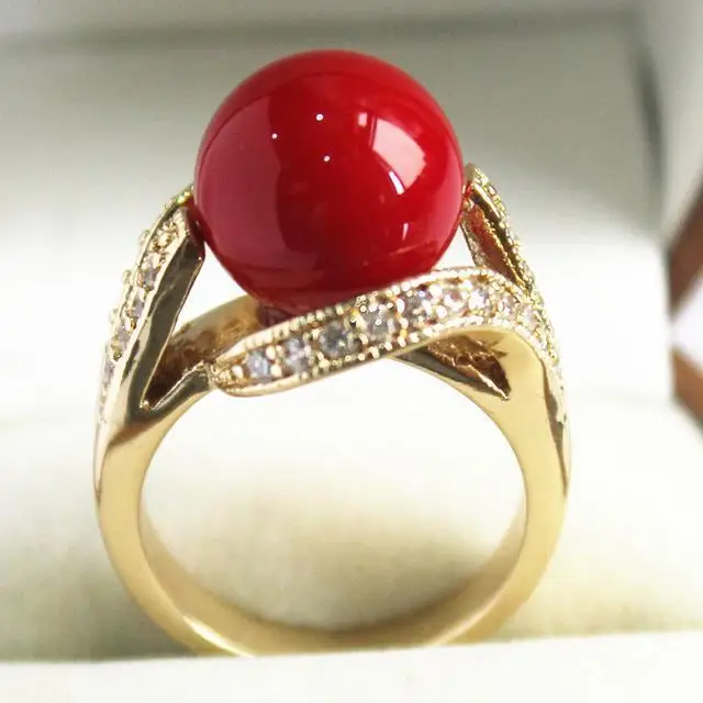 

Hot sell Noble- FREE SHIPPING>>>@@ lady's new jewelry 18KGP with crystal decorated &12mm vermilion red shell pearl ring(#7.8.9)