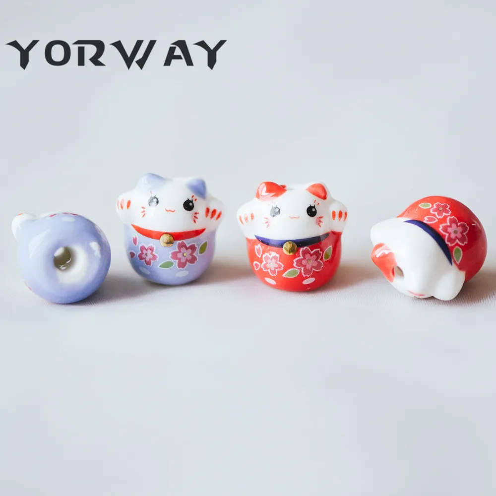 10 шт./лот фарфор Lucky бусины кошка 19 мм, керамика Maneki Neko, просверленные через Kawaii кошки, синий красный(80153