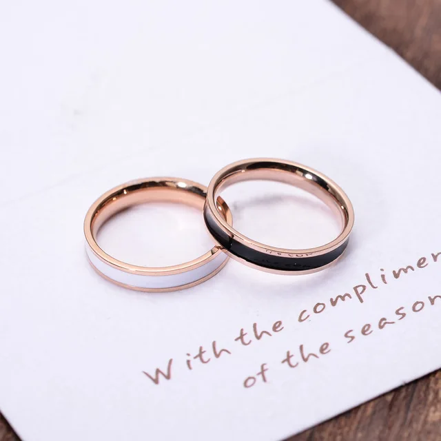 

YUN RUO White Black Enamel Ring for Woman Man Wedding Jewelry Rose Gold Color 316 L Stainless Steel Ring Top Quality Never Fade