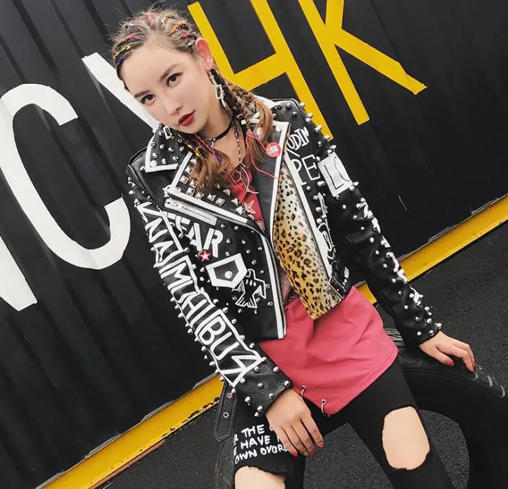 Partie Rue Veste 2018 Leopard Longues Nouvelles À Moto En Manches Rock Perles Cuir Lettre Manteau Noir Rivet Punk Impression Femmes qT0tx0I