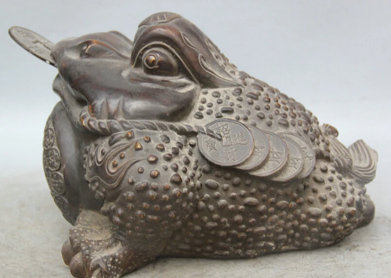 

Collectible bronze S1985 11" China Bronze FengShui Wealth Money Coin Golden Toad Spittor Statue sculpture