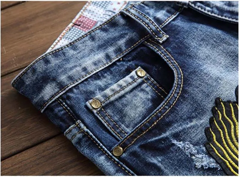Mcikkny Men's Ripped Embroidery Jeans Slim Fit Dragon Embroidered Biker Denim Trousers Streetwear Jeans Pants For Male Washed 
