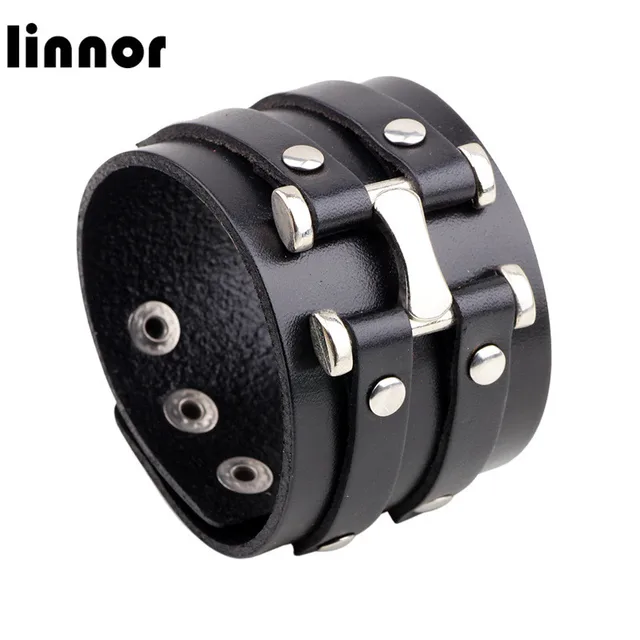 Linnor Homme Punk Genuine Cowhide Leather Wide Bangle Bracelet H Linnor Homme Punk Genuine Cowhide Leather Wide Bangle Bracelet H Logo Alloy Arm Wrap Cordao