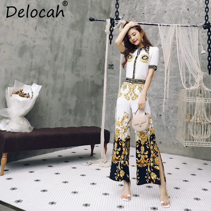 

Delocah Women Spring Summer Suits Runway Fashion Designer Beading Sequined shirt+Elegant Vintage slit Long Pants Two Pieces Set