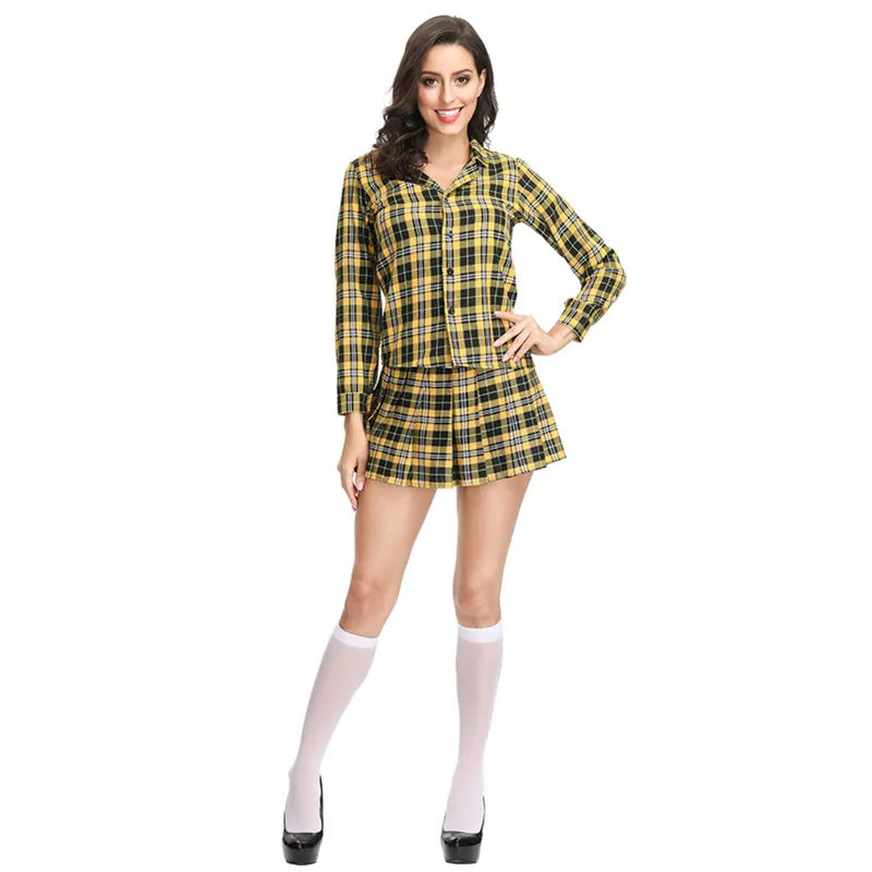 

Womens Sexy Naughty School Girls Uniforms Halloween Cosplay Costumes Yellow Plaid Schoolgirl Clothing for Female