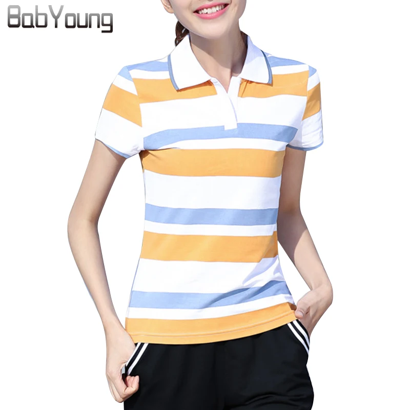 BabYoung 2017 Verão Mulheres Marcas de Camisa Pólo M ~ 6XL Fino Respirável Camiseta 95% Algodão Da Listra Cor Hit de manga Curta Topo Mujer