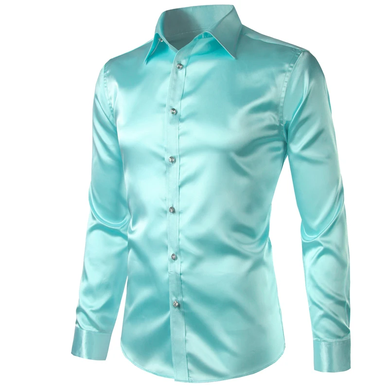 Блестящие ленты атласная рубашка Для мужчин с длинными рукавами CHEMISE Homme Мода 2017 г. Для мужчин S Slim Fit Гладкой Твердой Бизнес Сорочки выходные