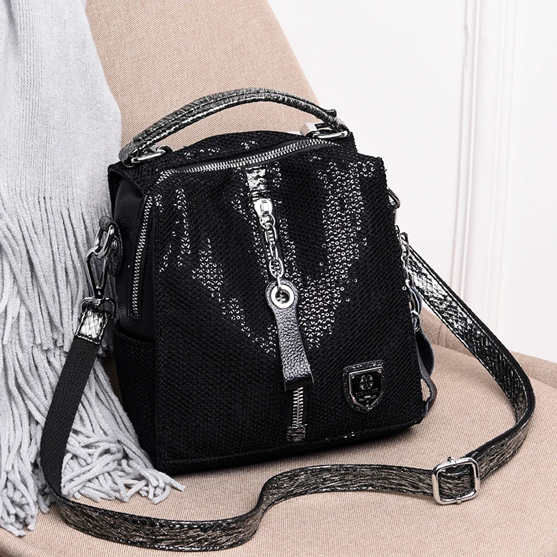 Черный рюкзак для путешествий из мягкой кожи, маленький рюкзак Mochila Feminina, роскошный рюкзак, многофункциональная женская сумка на плечо - Цвет: black silver