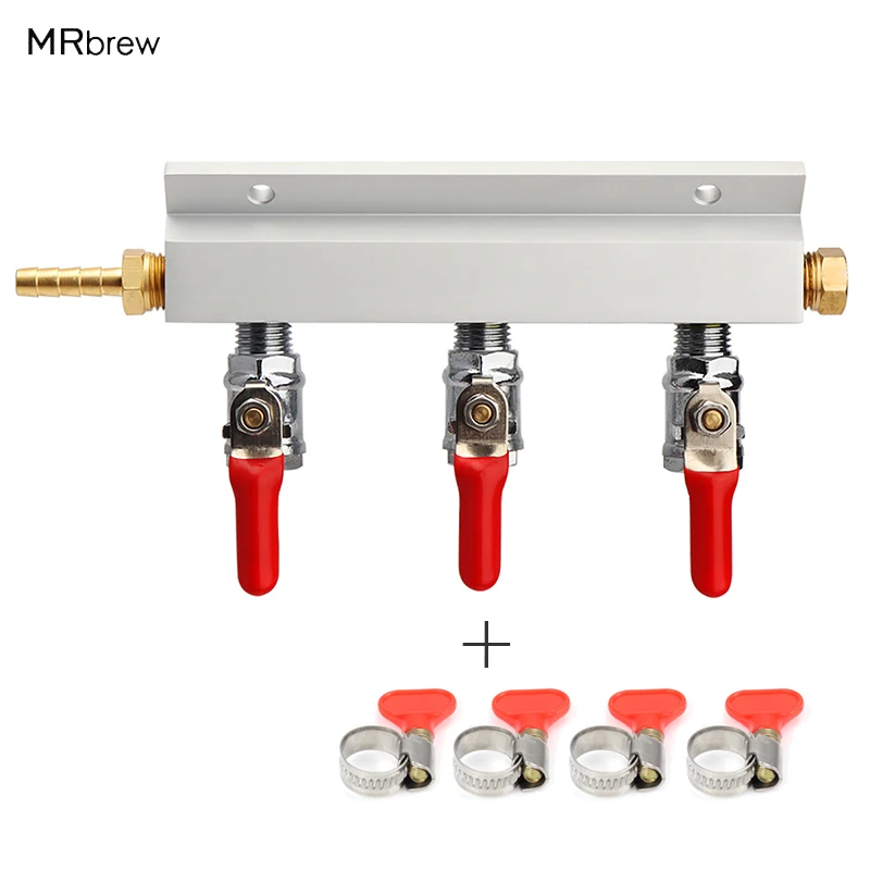 

3 Way CO2 Gas Distribution Block Manifold Splitter With 7mm Hose Barbs Home Brewing Valves Draft Beer Dispense Keg With 4 Clamps