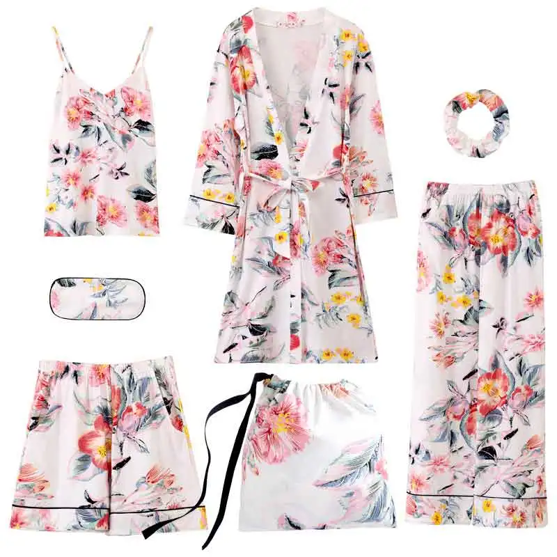 7pcs home Suit Robe Floral Sexy Pajamas for Women Cotton Plus Size Robe Nightwear Sleepwear Femme Robe Homewear Sleep Lounge - Цвет: 001