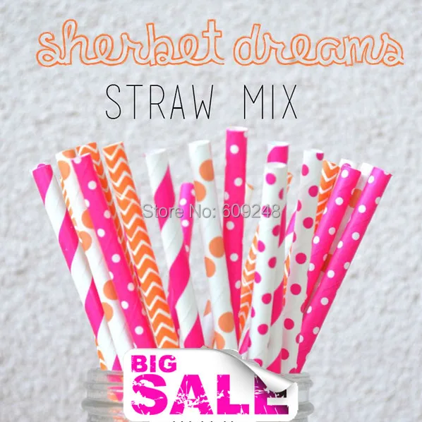 

100 Pcs Mixed Colors Sherbet Dreams Party Paper Straws,Deep Pink Stripe and Swiss Dot,Orange Polka Dot and Chevron,Cheap,Bulk