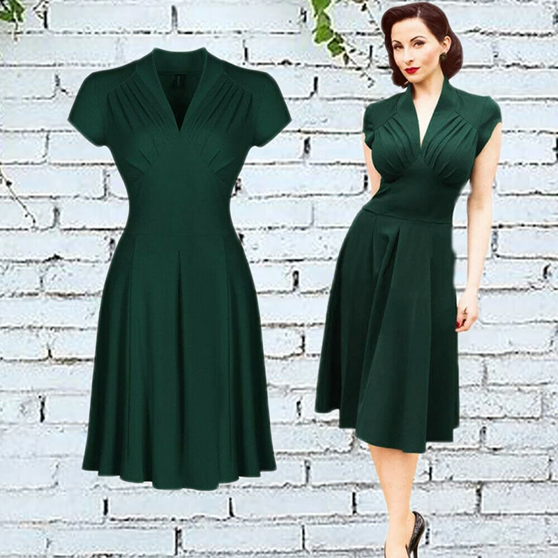 

Women's Summer Spring Solid Vintage Dress Ladies Elegant Tunic Short Sleeve V-Neck Green Dresses French Flair