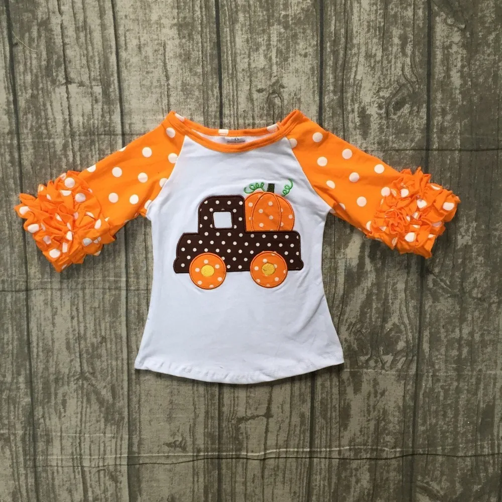 

Halloween baby girls boutique top t-shirts trucker pumpkin clothes icing sleeve cotton children raglans orange polka dot ruffles