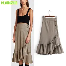 Женская одежда с высокой талией, асимметричная клетчатая юбка с оборками, женская уличная Модная трикотажная юбка-карандаш S2958